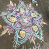 Families put a kolam outside their homes on each day of Pongal. Pongal kolams are particularly colorful and expressive