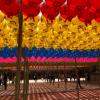 Colorful lanterns are hung in the Buddhist temple for Buddha's birthday