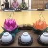Lotus Tea served beside two lotus lanterns that we made to celebrate the upcoming holiday of Buddha's birthday
