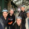 My friends and I are ready for caving with our helmets and headlamps!