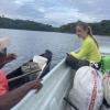 Many people, like this man, fish every day on Lake Gatún to feed themselves and their families. Here, my research partner Michelle, is asking this fisherman about what changes he's seen in Lake Gatun over the last 60 years