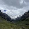 A view up the Llaca Valley, with mountains and glacier visible