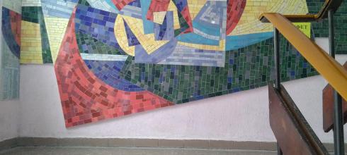 In the main building of the university, there are beautiful mosaics all the way up the stairs