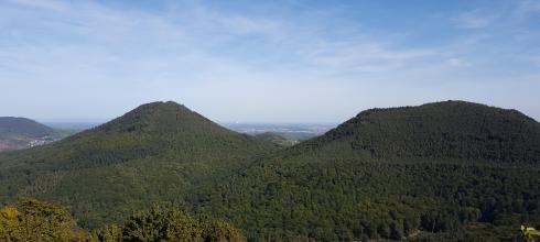 Green forested hills rise under a blue sky