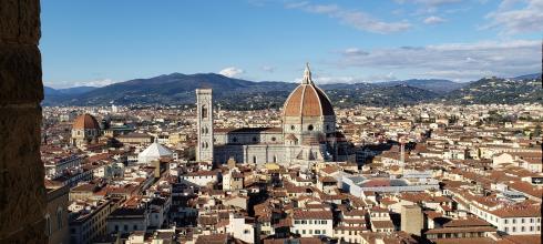 The beautiful city of Florence. You can see the giant domed cathedral, or duomo, from anywhere in the city..