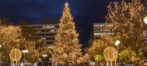 Syntagma Square in central Athens decorated for Christmas