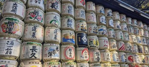 Sake Barrels along the pathway in Meiji Jingu
