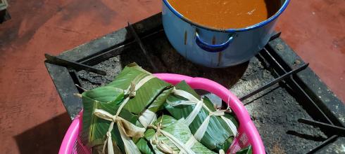 Here is a basket of tamales, ready to cook, right next to the recado sauce that they are filled with