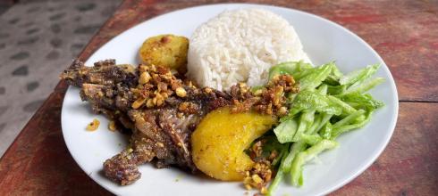 A plate of fried guinea pig, rice, potatoes, and salad