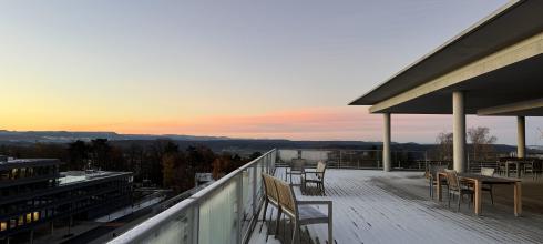 A snowy sunrise from the Institute's rooftop terrace