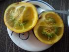 Colombia has many types of fruits that I've never tried before; this is Lujo, which has a citrusy, gelatinous flesh inside