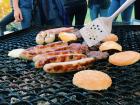 We had grilled bratwurst and hamburgers with sweet potatoes roasted in the coals! 