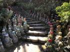 Buddha statues in a temple in Miyajima, all with beanies to keep them warm in the winter