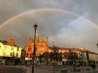 A rainbow over the High Street in the centre of Dumfries