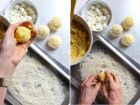 Covering rice balls in bread crumbs to make arancini