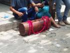 The drummer that accompanies the Marimba Players in a Rabinal Festival.