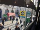 View of a bus stop from the top level of a Dublin Bus