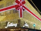One of the stores downtown decorated like a present for Christmas