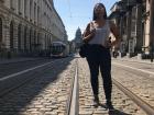 Posing on the tracks for the tram, which are built into the street