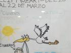 This drawing is in my school, featuring a stork and Cervantes.