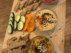 Another meal I had this week. Three different types of hummus with veggies and bread