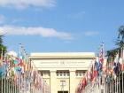 The United Nations headquarters with world flags