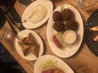 Our Lebanese meal: Moutabal (eggplant with sesame cream), Mtawami (yogurt cheese with garlic and mint), Halloumi (fried halloumi cheese), Falafel (fried ball of mashed chickpeas and beans) and Fatayer Bi Sabnek (pastry stuffed with spinach and onions)