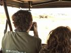 Earthwatch volunteers cataloging elephants from a pop-up top safari vehicle