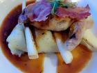 Chicken supreme, roast chicken with potato stuffing, roast bacon with a parsnip and chicken jus
