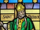 A stained glass image of Saint Patrick