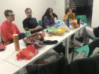 We sometimes gather to eat together, even if it is just snacks. Here we make food and try new things out. We get to talk about things and how one person's country is different than another's