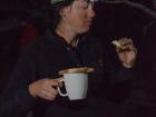 Enjoying a cup of coffee and using my trusty headlamp!