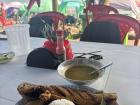 Traditional Pacific food - fried fish, white rice, smashed plantains, salad, and in the back you can see Sancoho