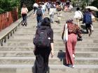 Climbing the stairs of Tsurugaoka Hachiman-gu Shrine with locals, who are also using parasols!