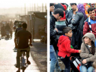 Syrian refugees biking through a busy thoroughfare in the Zaatari Refugee Camp in Jordan (left), and refugees seeking safety in western Europe crowd a train station in Budapest, Hungary (right)