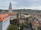 A view of the Český Krumlov tower and the Vltava River from another part of the castle