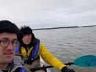Kevin (left) and Tom (right) having fun measuring a lake depth with a sensor while working from a kayak (Photo: Kevin Barry)