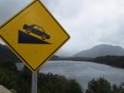 Many roads in Patagonia can be a dangerous place to drive because of steep mountains and rocky landscapes; There are many road signs warning drivers to be careful