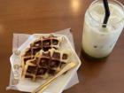 A croffle (croissant waffle) and matcha latte at my favorite cafe