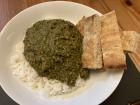 This is matapa, a traditional Mozambican dish of cassava leaves over rice.