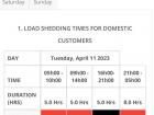 The black sections on the load shedding schedule show when electricity will be off in each region