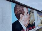 One of the most famous murals at the East Side Gallery showing former leader of the Soviet Union Leonid Brezhned and former leader of East Germany Erich Honecker kissing