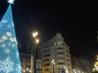 Some of the Christmas lights set up in the city center in Seville (plus a very fake Christmas tree -- no evergreens here!)