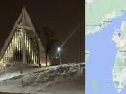 A famous architectural landmark across the water called the Arctic Cathedral