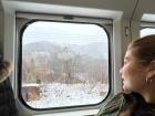 Here is the view of the snowy mountains from inside the bullet train 