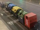 Recycling is very important in Spain: the dark green bin is for waste, the blue bin is for plastic, the yellow bin is for paper, the light green bin is for glass and the red bin is for clothes