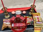 An offering outside a pet shop to the Taiwanese Gods; such offerings are all around for Chinese New Year