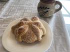 This is "pan de muerto" with hot chocolate, YUM!