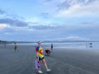 This is a photo of me on the beach in Santa Catalina. There were people playing soccer and surfing on the beach that evening!