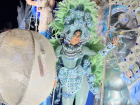 Some of the reinas (queens) of carnavales on a blue and sliver themed float 